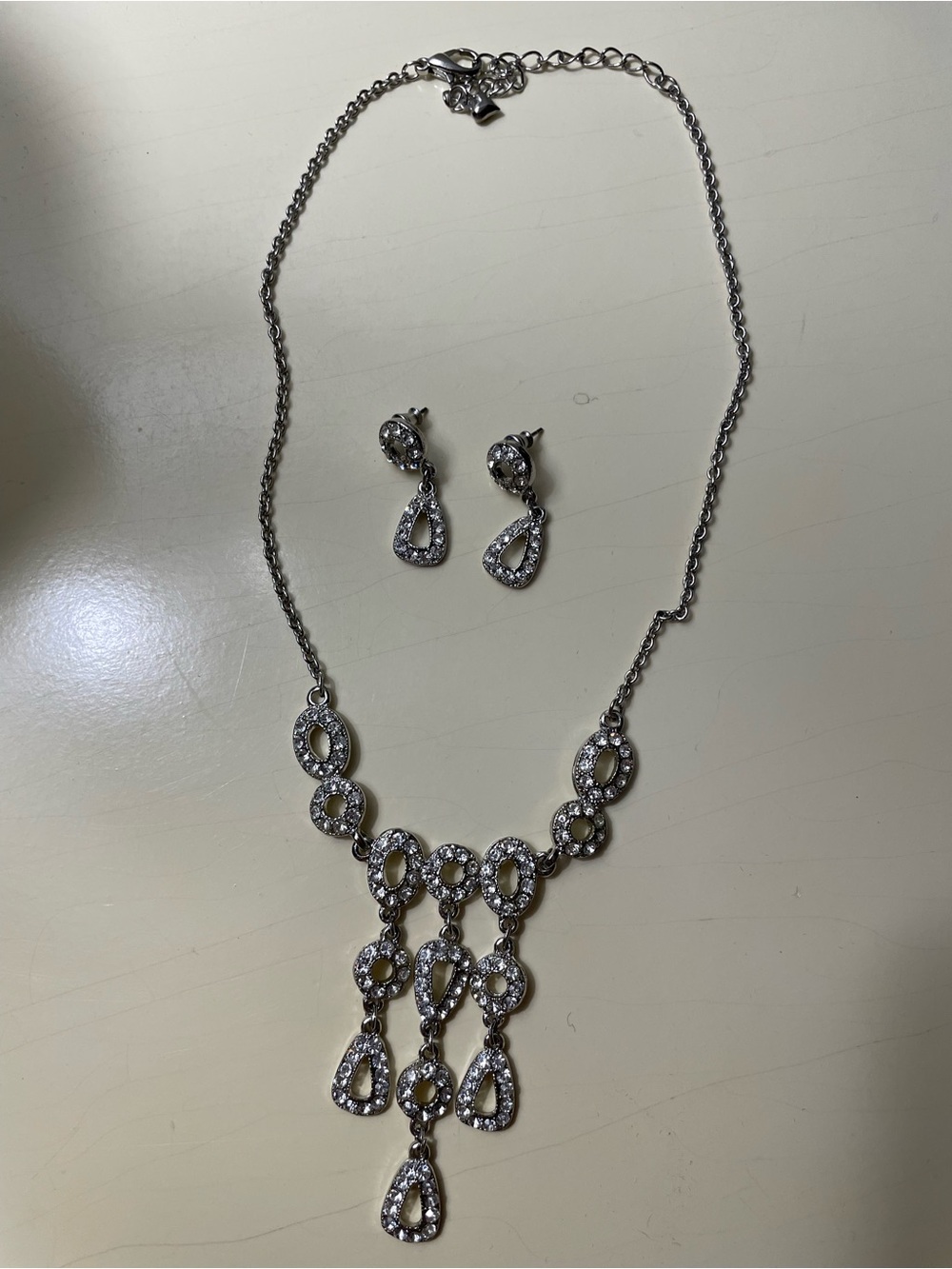 Silver Crystal Teardrop Necklace and Earrings Set - Silver Tone - Picture 10 of 13